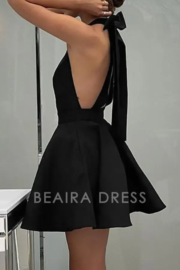 Beaira Elegant Solid Backless With Bow Halter Evening Dress Dresses formal wear dresses - Black