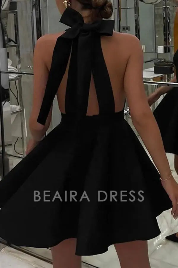 Beaira Elegant Solid Backless With Bow Halter Evening Dress Dresses formal wear dresses - Black