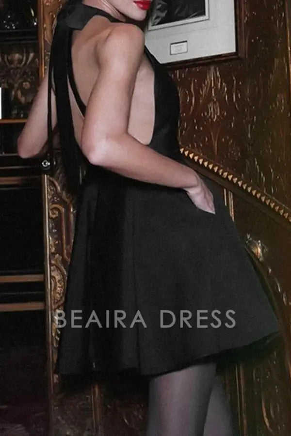 Beaira Elegant Solid Backless With Bow Halter Evening Dress Dresses formal wear dresses - Black