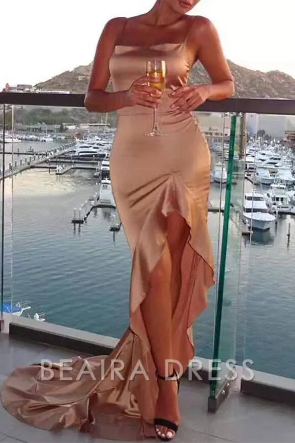 Beaira Elegant Solid Flounce Slit Evening Dress Dresses formal wear dresses - Khaki
