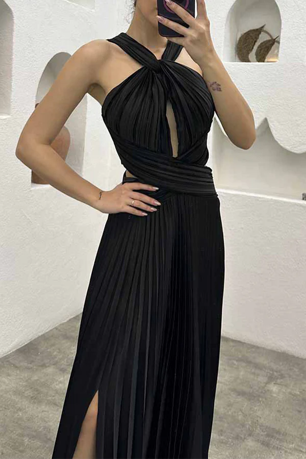 Beaira Elegant Solid Fold Halter Evening Dress Dresses formal wear dresses - Black