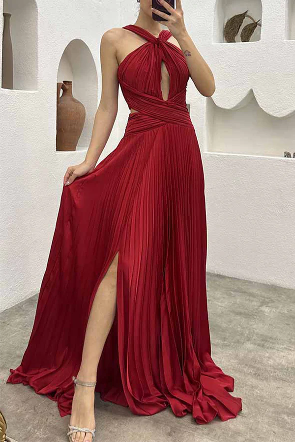 Beaira Elegant Solid Fold Halter Evening Dress Dresses formal wear dresses - Red