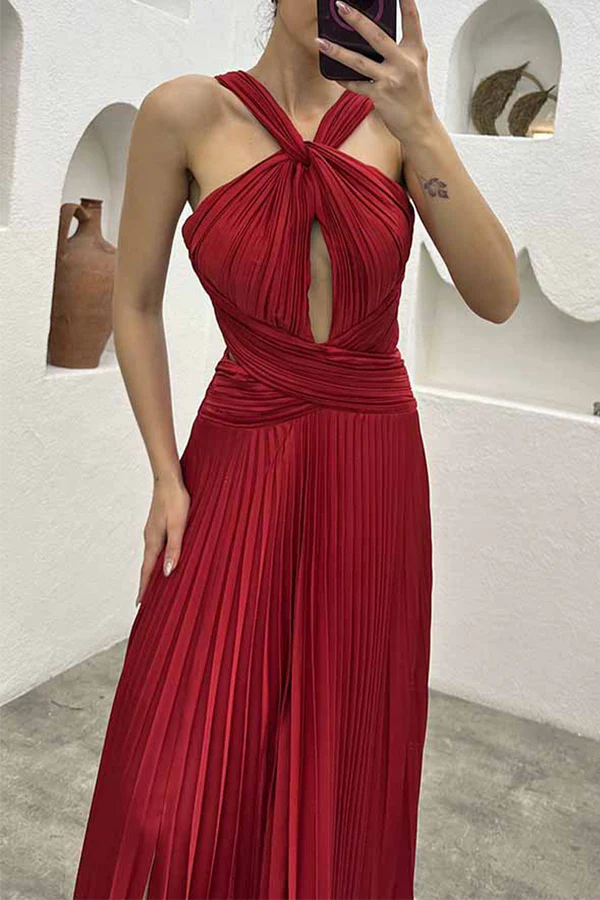 Beaira Elegant Solid Fold Halter Evening Dress Dresses formal wear dresses - Red