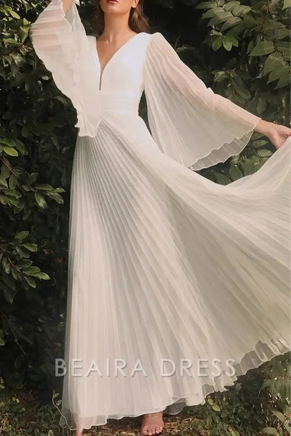 Beaira Elegant Solid Fold V Neck Evening Dresses formal wear dresses - White