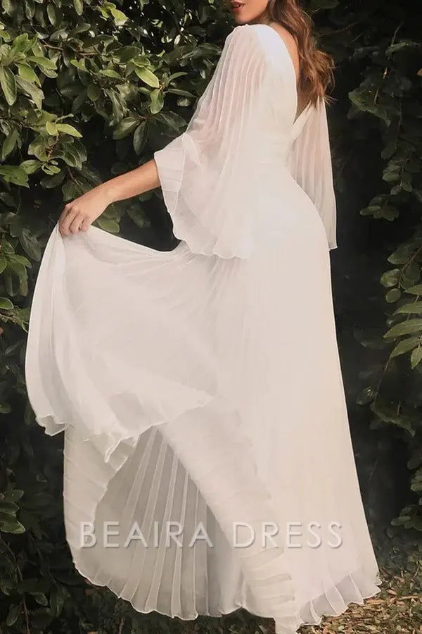 Beaira Elegant Solid Fold V Neck Evening Dresses formal wear dresses - White
