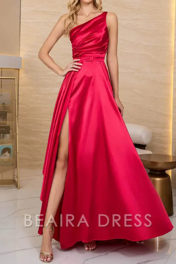 Beaira Elegant Solid Slit Oblique Collar Evening Dress Dresses formal wear dresses - Red