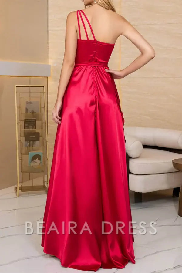 Beaira Elegant Solid Slit Oblique Collar Evening Dress Dresses formal wear dresses - Red