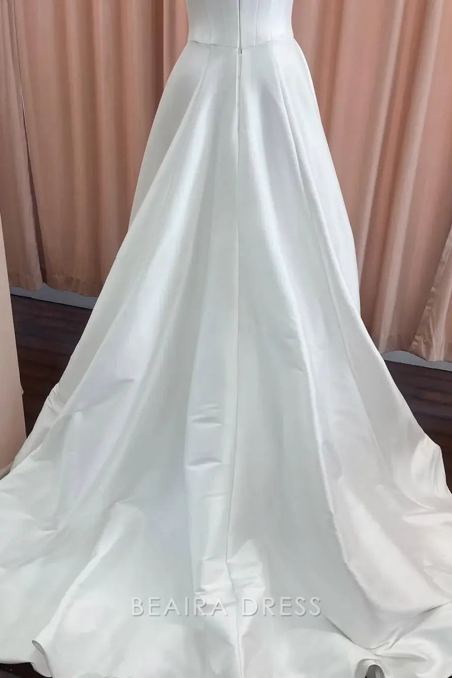 Beaira Elegant Spaghetti Strap Plunging V - Neck Ball Gown Wedding Dress with Satin Skirt for Timeless Bridal Elegance