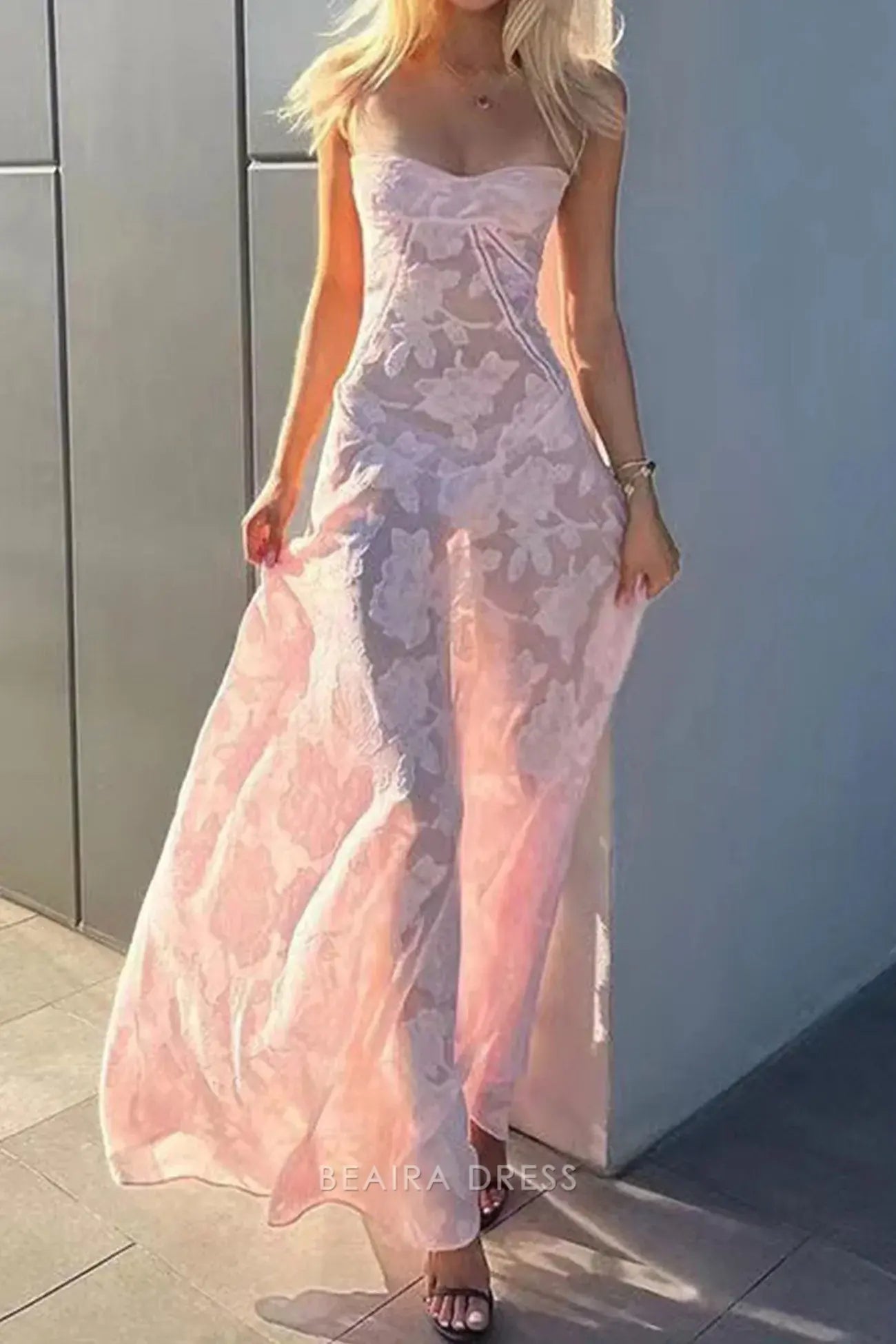 Beaira Elegant Spaghetti Straps Pink Lace Prom Dresses Long Birthday Dress formal wear dresses