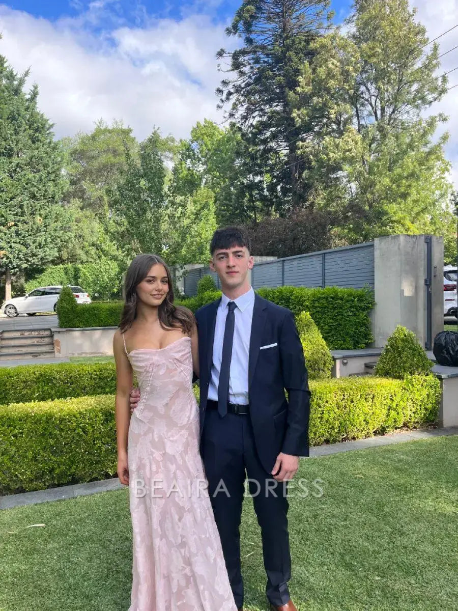 Beaira Elegant Spaghetti Straps Pink Lace Prom Dresses Long Birthday Dress formal wear dresses