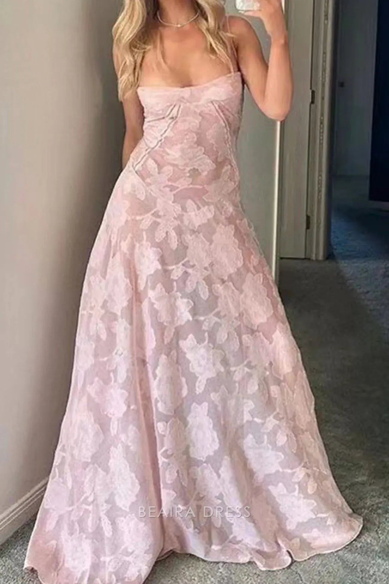 Beaira Elegant Spaghetti Straps Pink Lace Prom Dresses Long Birthday Dress formal wear dresses
