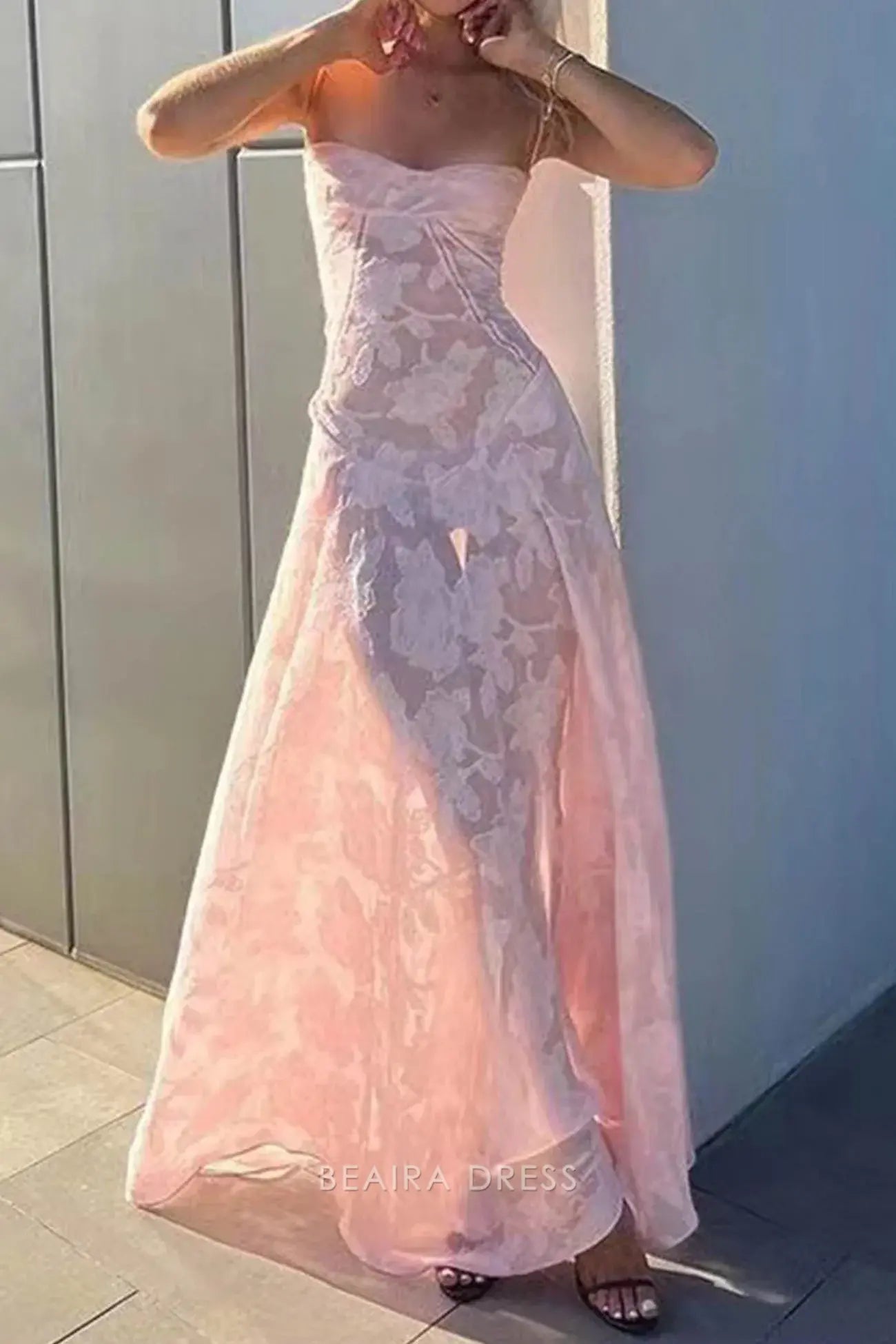 Beaira Elegant Spaghetti Straps Pink Lace Prom Dresses Long Birthday Dress formal wear dresses
