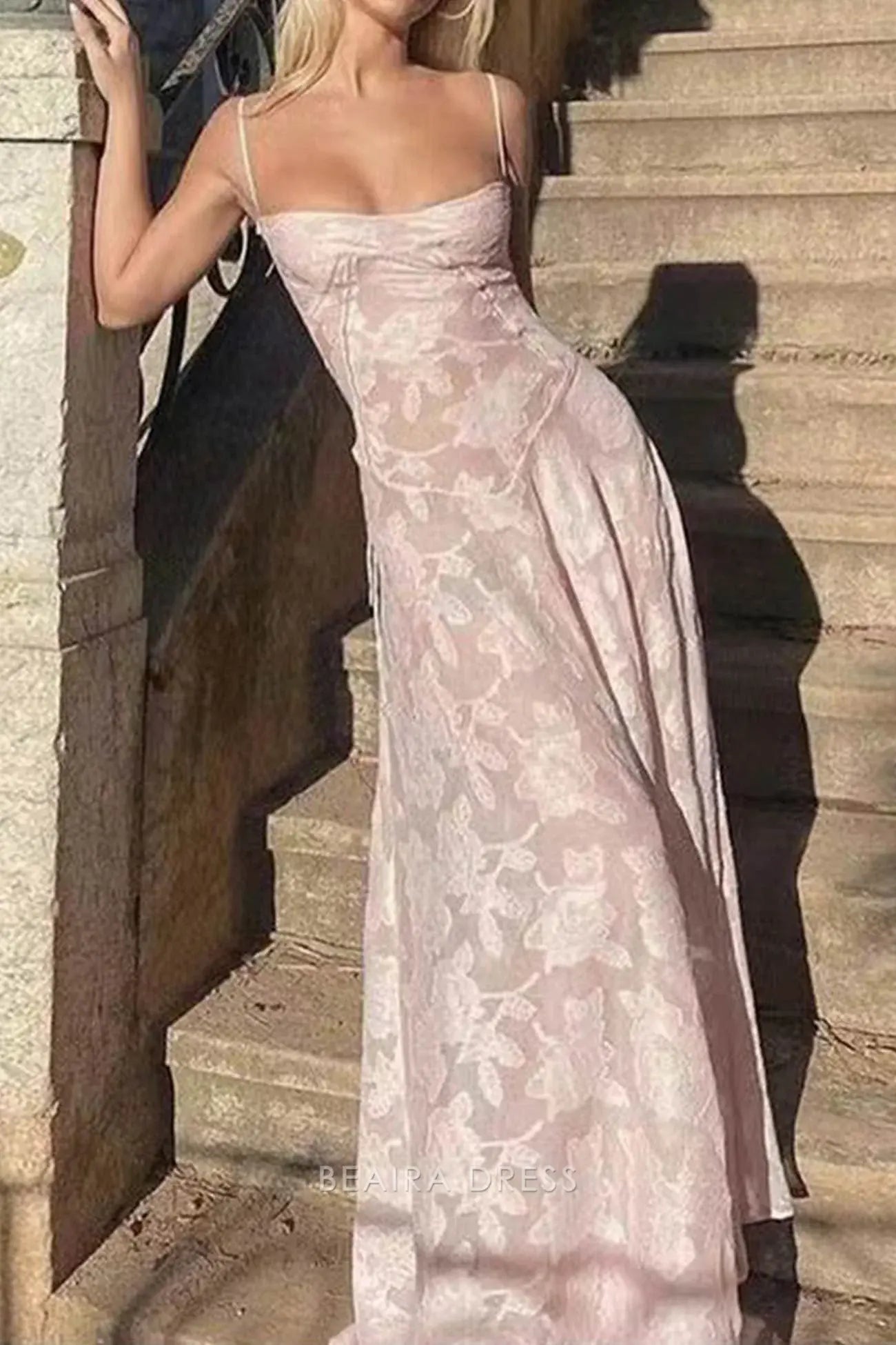 Beaira Elegant Spaghetti Straps Pink Lace Prom Dresses Long Birthday Dress formal wear dresses