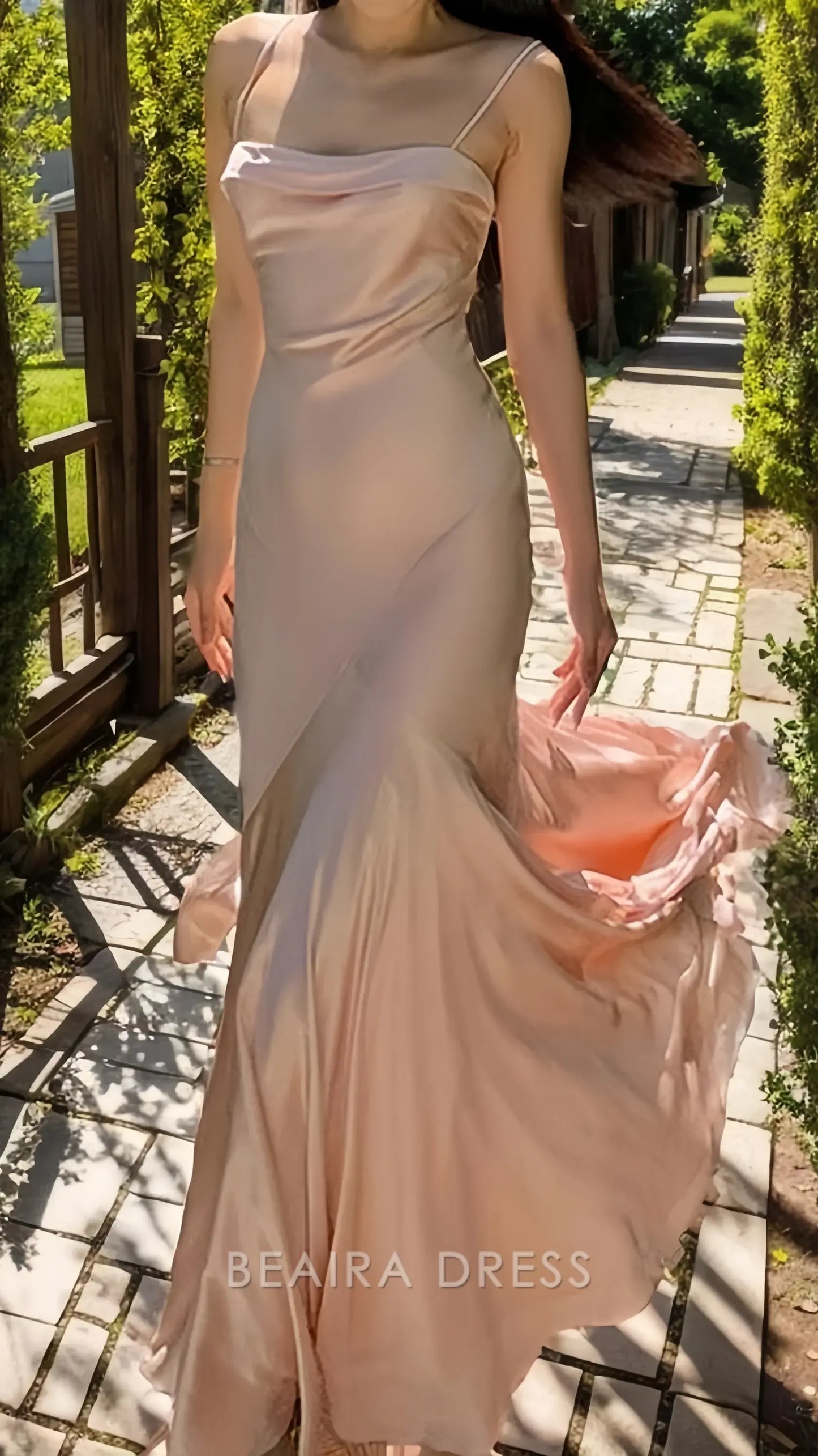 Beaira Elegant Spaghetti Straps Pink Long Prom Dress Sheath Evening Gown formal wear dresses