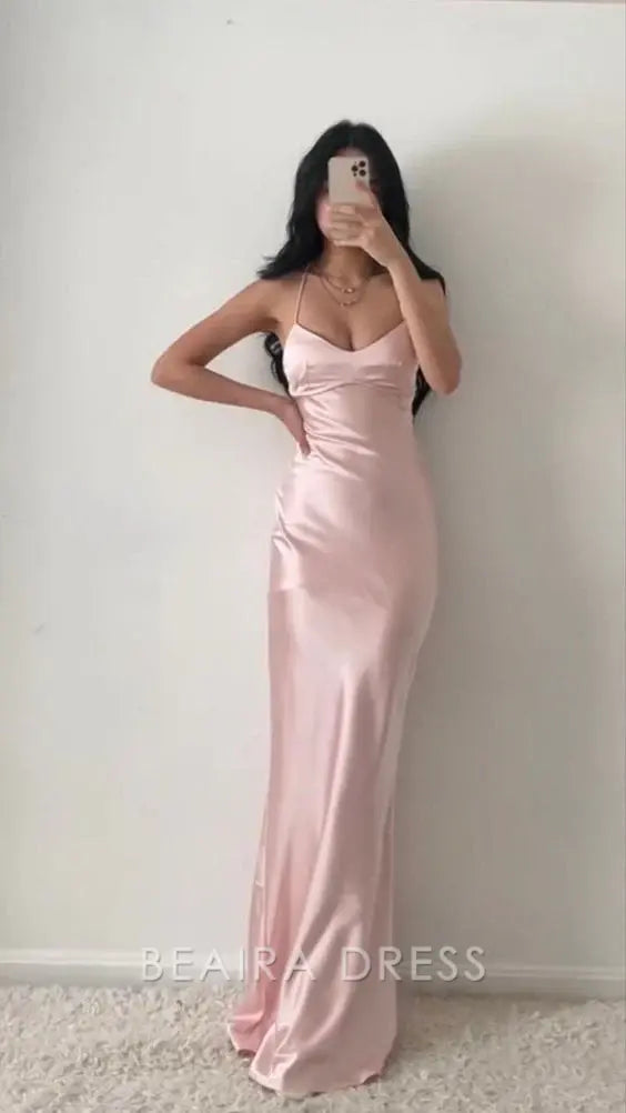 Beaira Elegant Spaghetti Straps Pink Prom Dress With Cross Back formal wear dresses