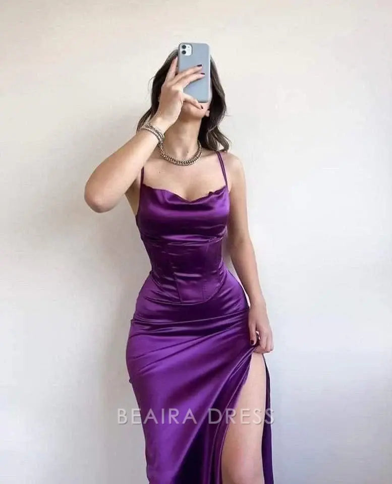 Beaira Elegant Spaghetti Straps Purple Satin Long Evening Prom Dresses formal wear dresses