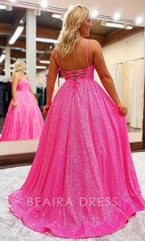 Beaira Elegant Sparkle Pink Sequins Prom Dresses Evening Ball Gown formal wear dresses