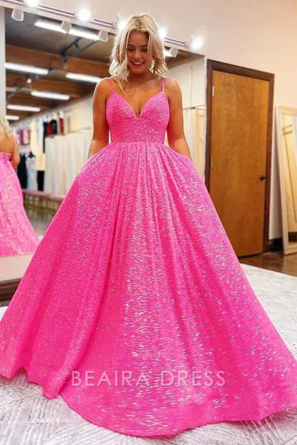 Beaira Elegant Sparkle Pink Sequins Prom Dresses Evening Ball Gown formal wear dresses