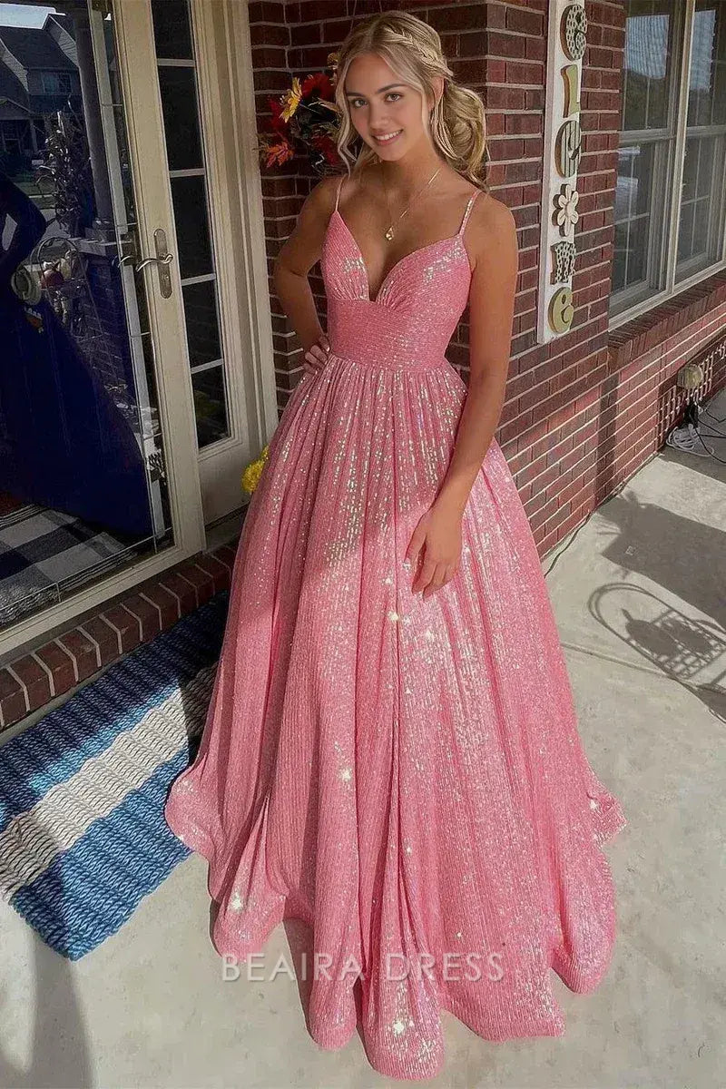 Beaira Elegant Sparkle Pink Sequins Prom Dresses Evening Ball Gown formal wear dresses