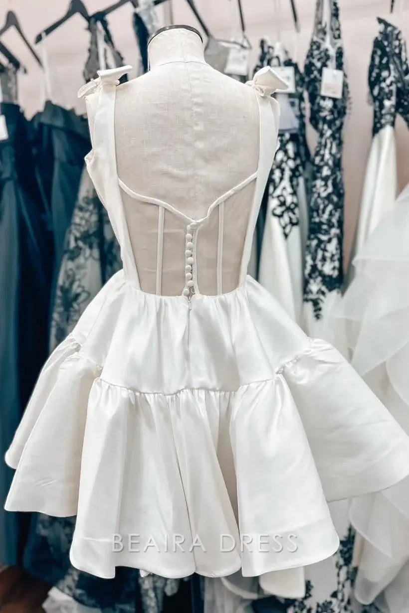 Beaira Elegant Square Neckline Tiered Skirt Mini Bridal Dress with Bow - Detailed Straps for Whimsical Bridal Charm