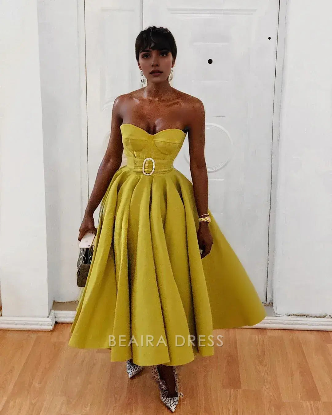 Beaira Elegant Strapless A-Line Prom Dresses Tea Length Ball Gown formal wear dresses