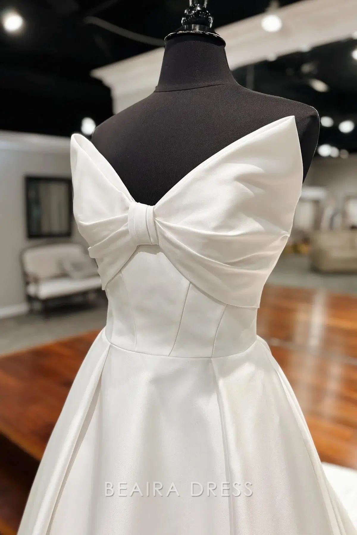 Beaira Elegant Strapless Ball Gown Wedding Dress with Bow - Accented Bodice and Satin Finish for Timeless Bridal Grace