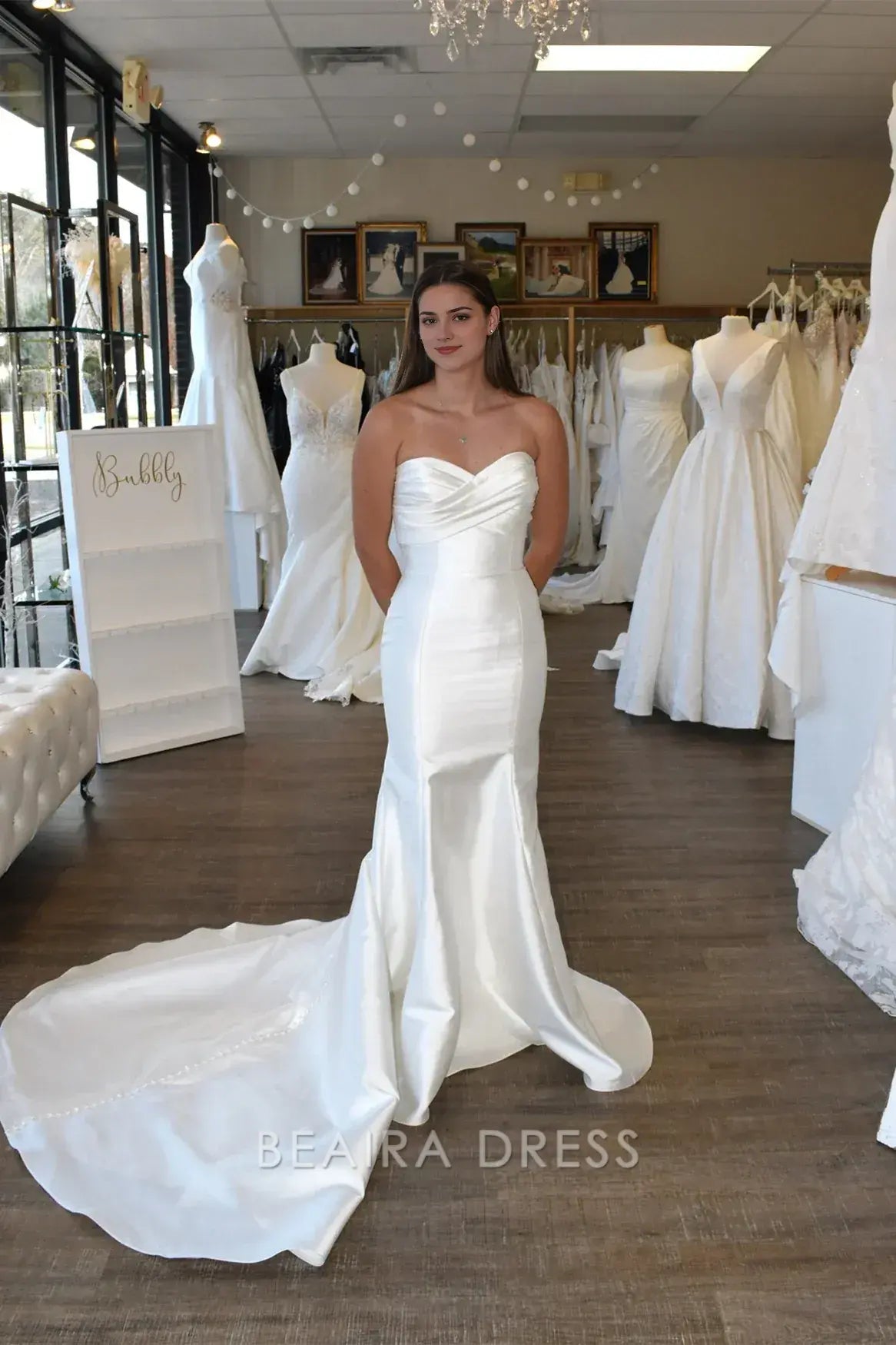 Beaira Elegant Strapless Mermaid Wedding Dress with Draped Bodice and Satin Train for Elegant Bridal Sophistication