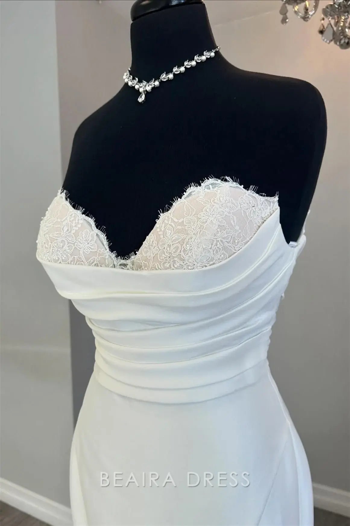 Beaira Elegant Strapless Mermaid Wedding Dress with Lace Sweetheart Bodice and Ruched Waist Detail for Romantic Bridal Style