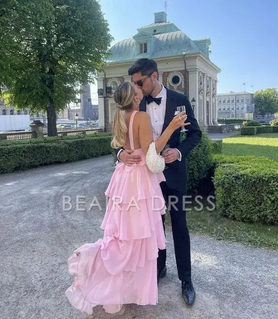 Beaira Elegant Sweet Pink Chiffon Layers Long Prom Dresses formal wear dresses