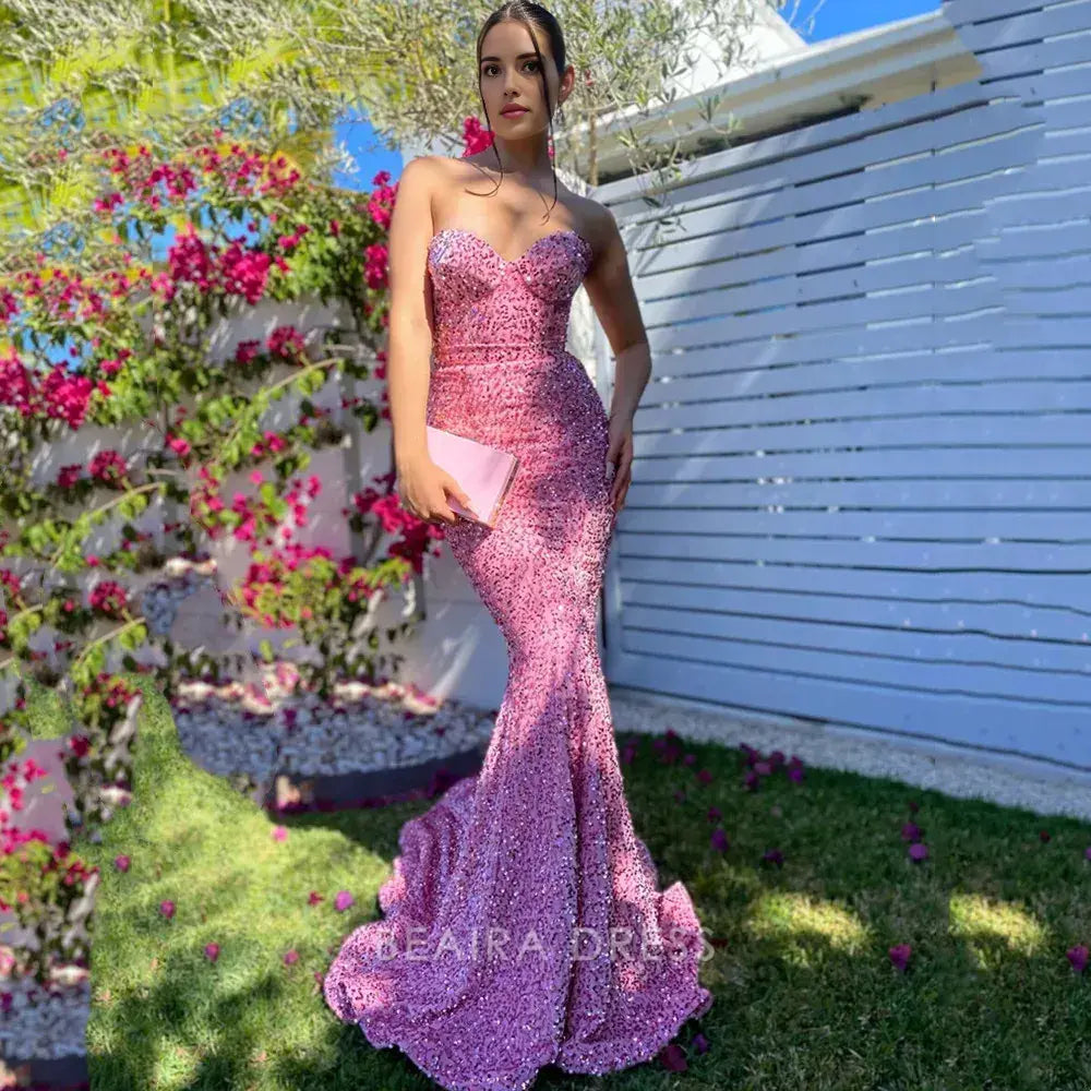 Beaira Elegant Sweetheart Mermaid Sequins Long Prom Dress formal wear dresses
