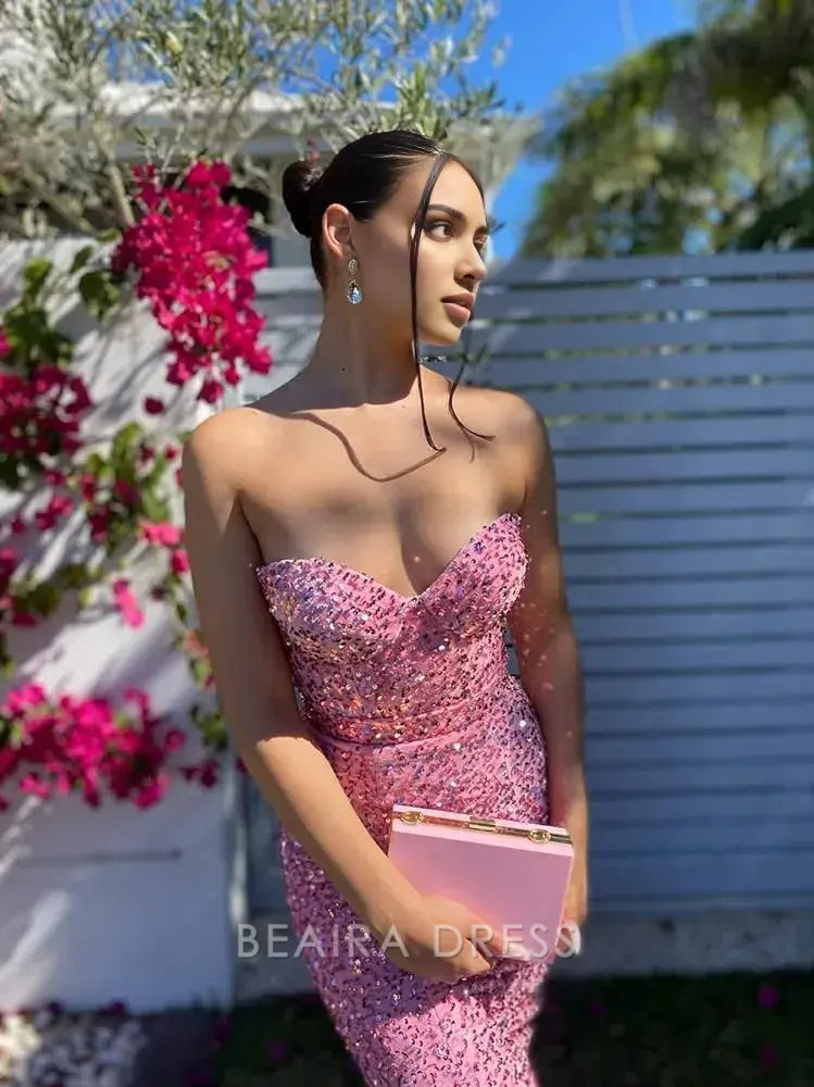 Beaira Elegant Sweetheart Mermaid Sequins Long Prom Dress formal wear dresses