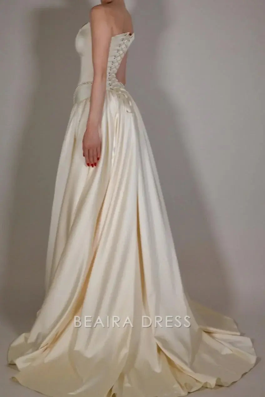 Beaira Elegant Vintage Off White Strapless Wedding Dress Pearl Beaded Satin A-line Prom Dress formal wear dresses