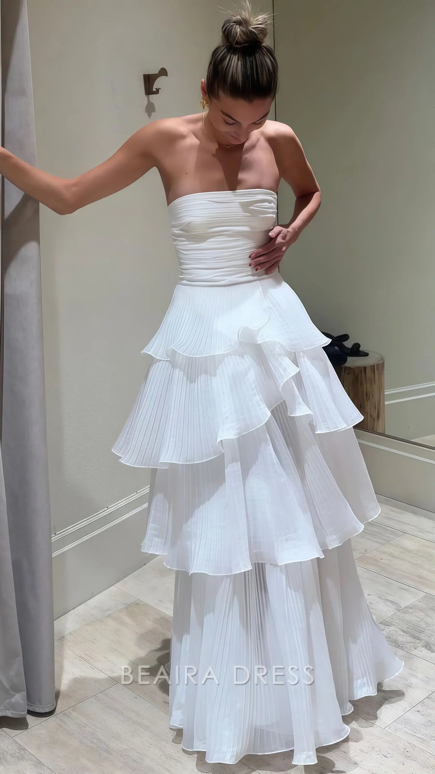 Beaira Elegant White Strapless Pleated Ruffle Prom Dress Floor Length Wedding Reception Dress formal wear dresses
