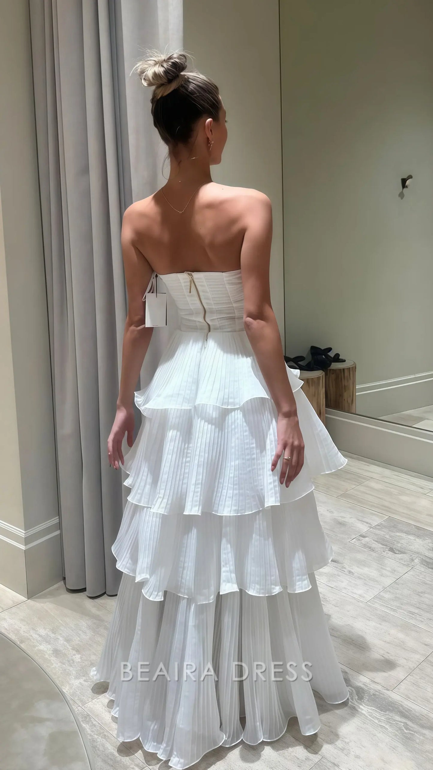 Beaira Elegant White Strapless Pleated Ruffle Prom Dress Floor Length Wedding Reception Dress formal wear dresses