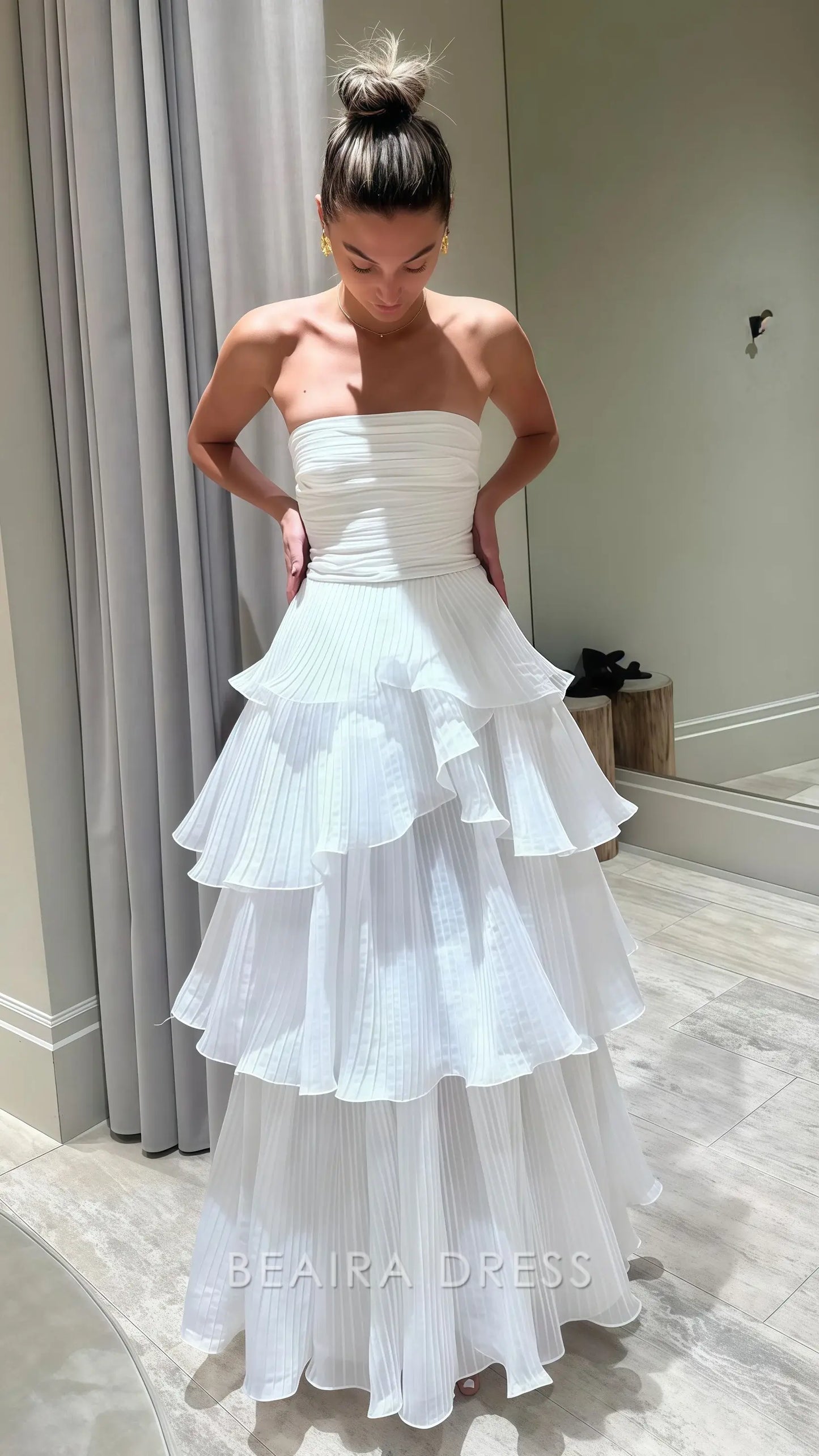 Beaira Elegant White Strapless Pleated Ruffle Prom Dress Floor Length Wedding Reception Dress formal wear dresses
