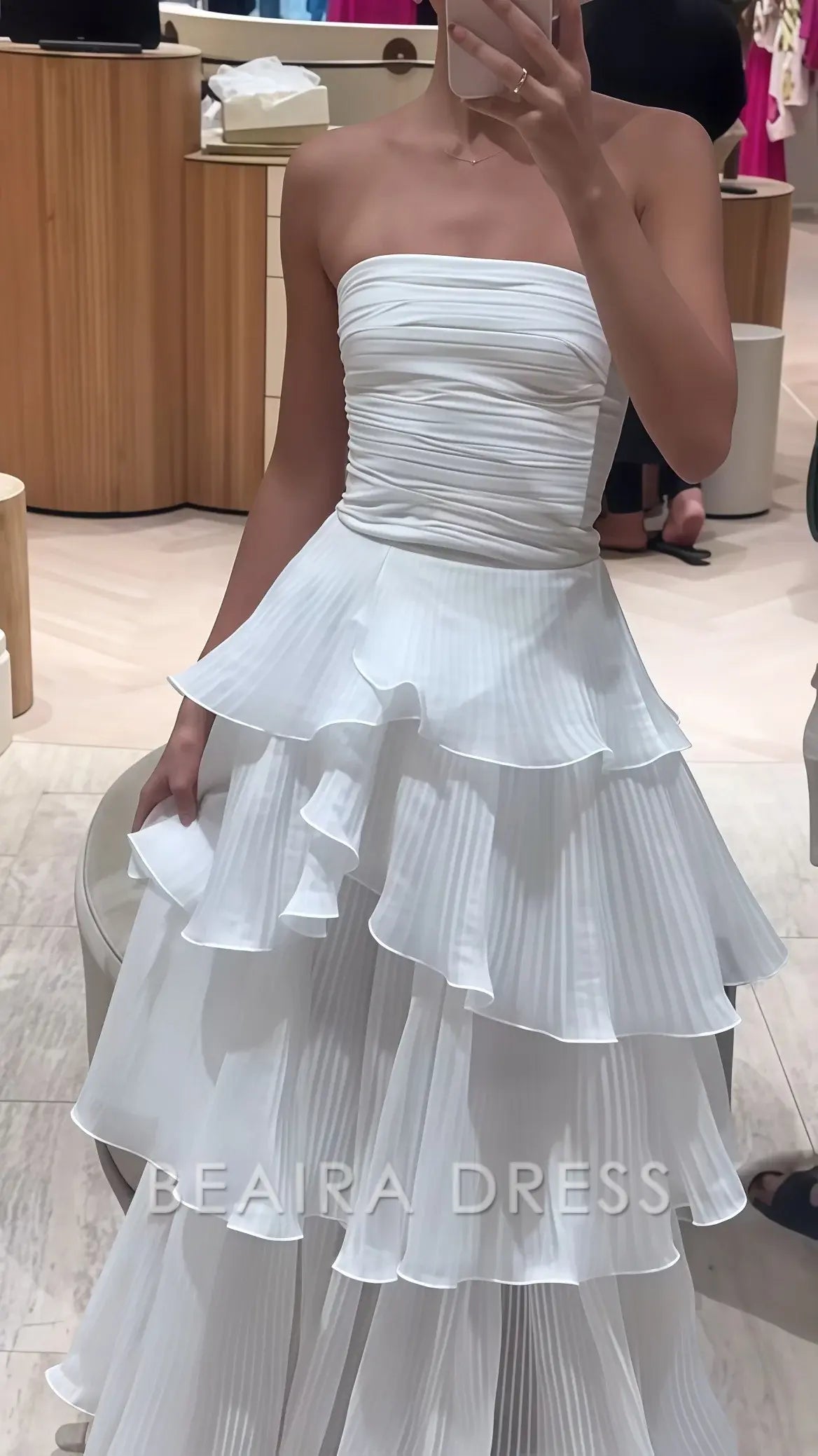 Beaira Elegant White Strapless Pleated Ruffle Prom Dress Floor Length Wedding Reception Dress formal wear dresses