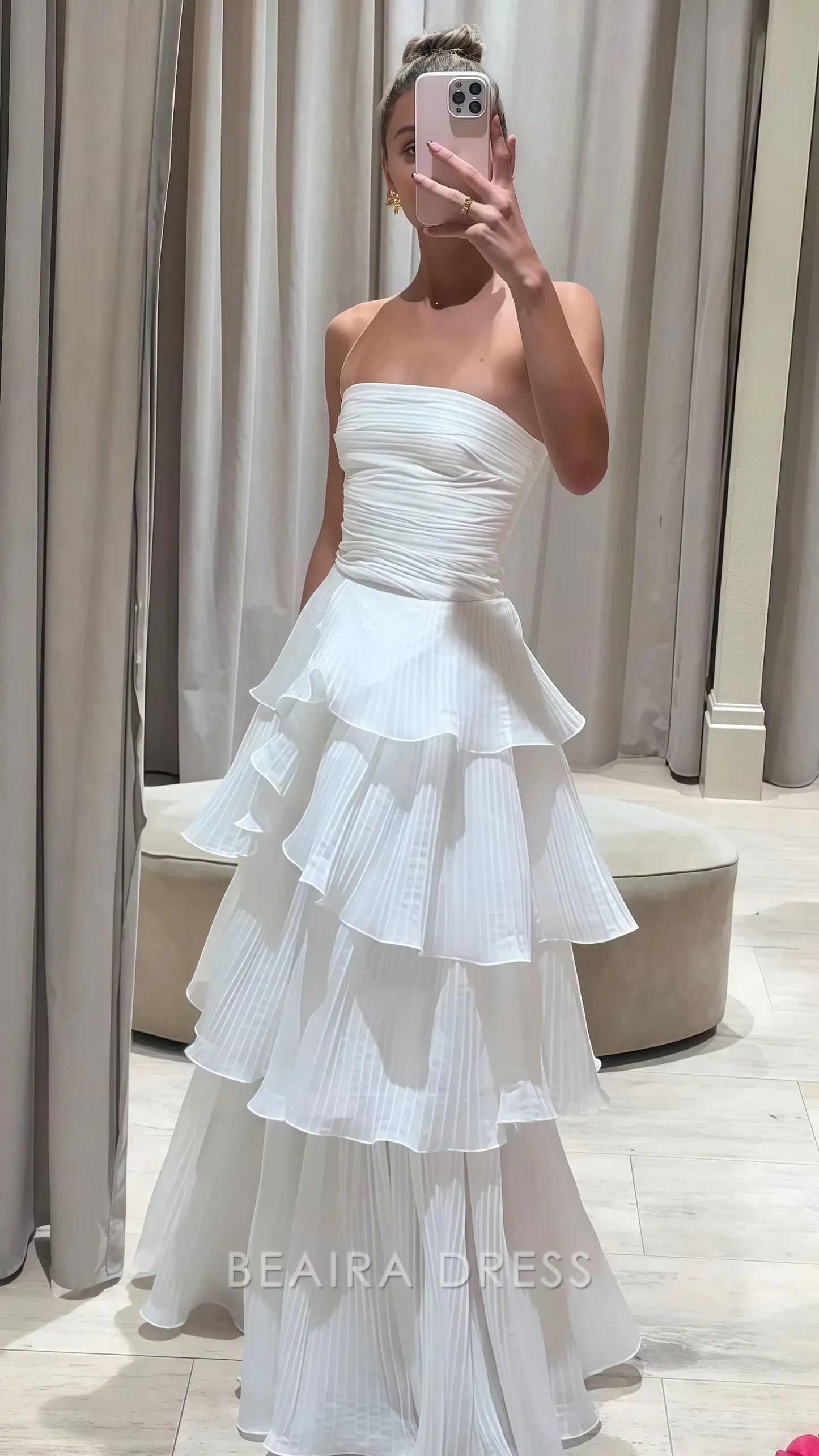 Beaira Elegant White Strapless Pleated Ruffle Prom Dress Floor Length Wedding Reception Dress formal wear dresses