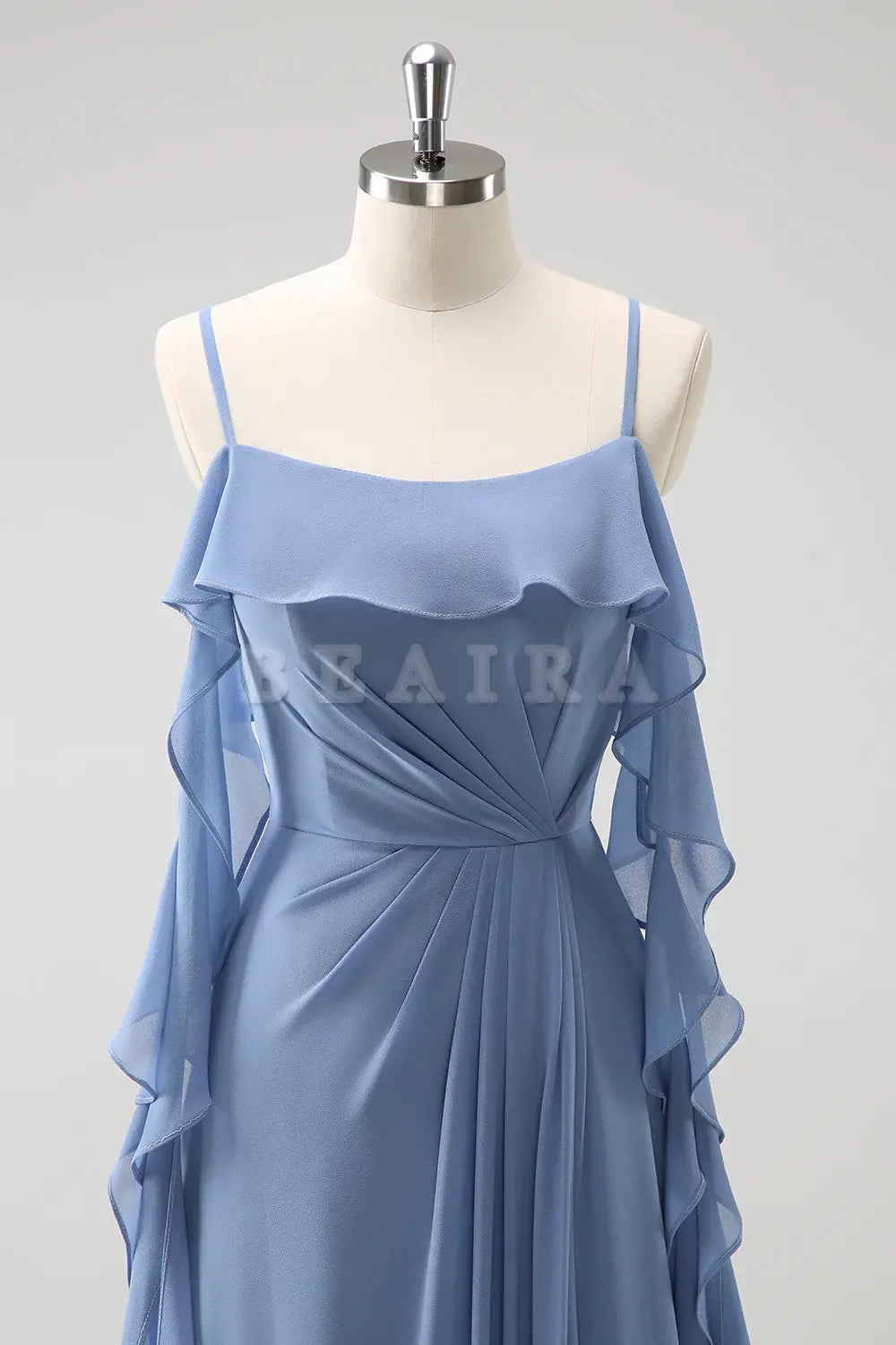 Beaira Grey Blue A Line Spaghetti Straps Pleated Chiffon Long Bridesmaid Dress with Slit Bridesmaid dress shop