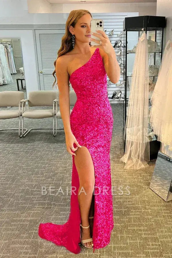 Beaira Hot Pink Mermaid Glitter One-Shoulder Backless Prom Dress With Sequins - Hot Pink