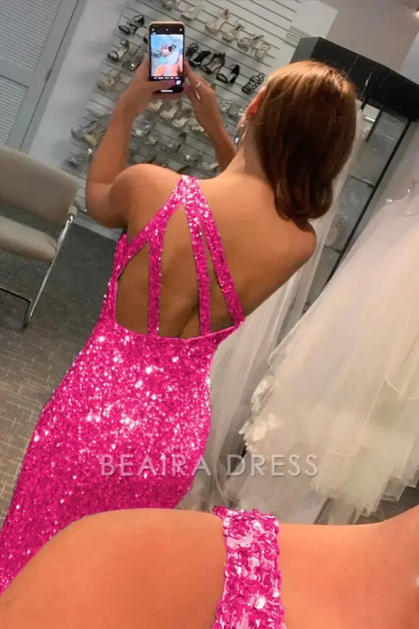 Beaira Hot Pink Mermaid Glitter One-Shoulder Backless Prom Dress With Sequins - Hot Pink