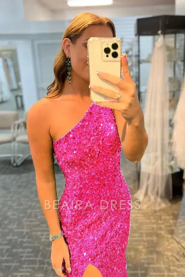 Beaira Hot Pink Mermaid Glitter One-Shoulder Backless Prom Dress With Sequins - Hot Pink