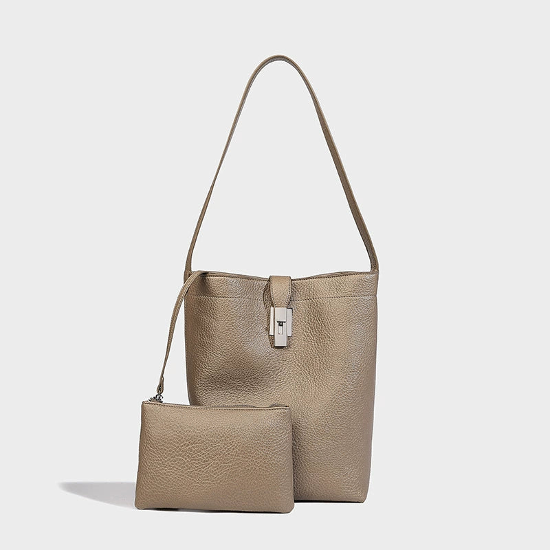 Beaira Korean version large capacity genuine leather bucket bag for women new commuter mother and child fashion tote bag niche shoulder bag