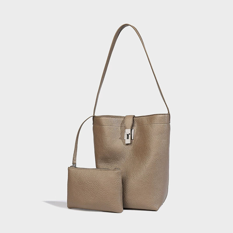 Beaira Korean version large capacity genuine leather bucket bag for women new commuter mother and child fashion tote bag niche shoulder bag