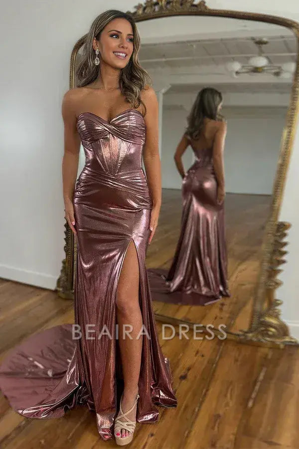 Beaira Newly Metallic Mermaid Sweetheart Long Prom Dress With Split - Magenta