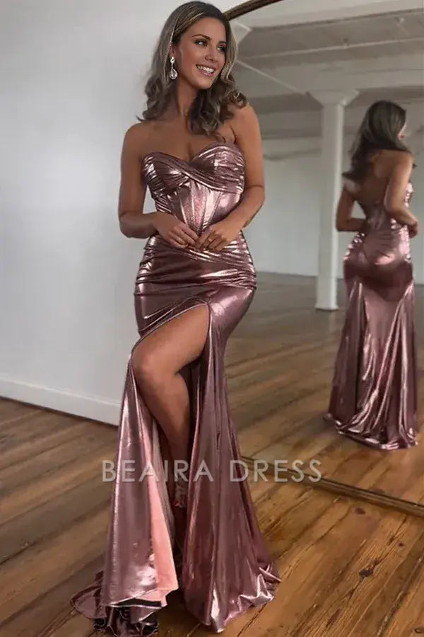 Beaira Newly Metallic Mermaid Sweetheart Long Prom Dress With Split - Magenta