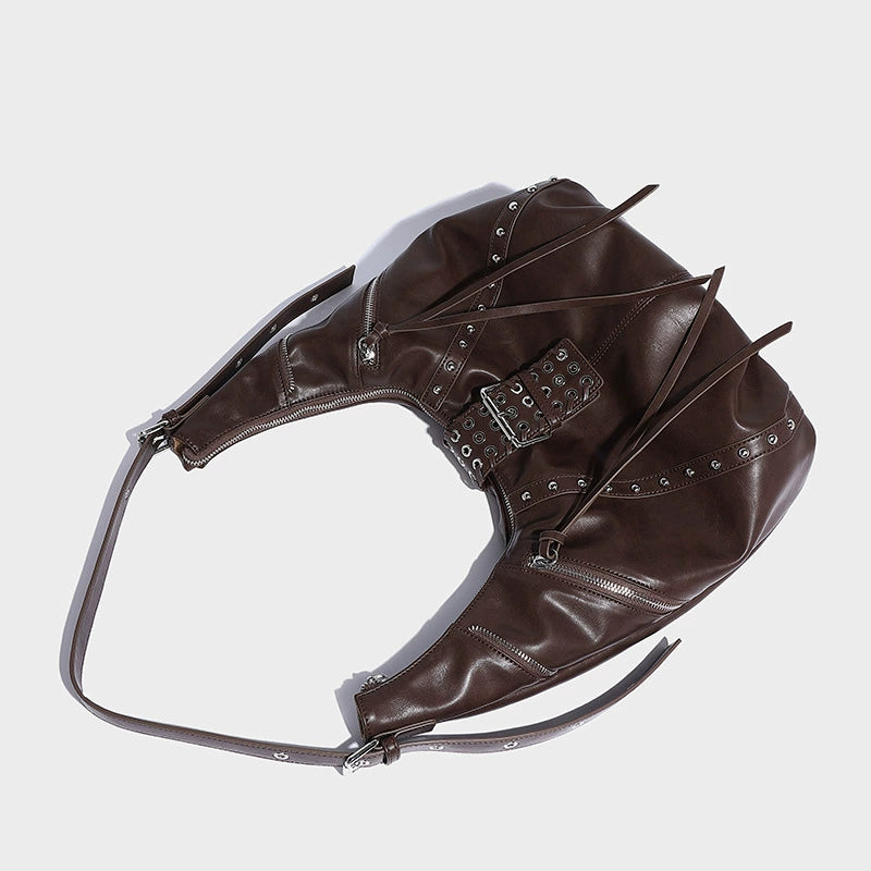Beaira Niche retro spicy girl oil wax leather commuting handbag autumn and winter new fashion millennium style rivet shoulder croissant
