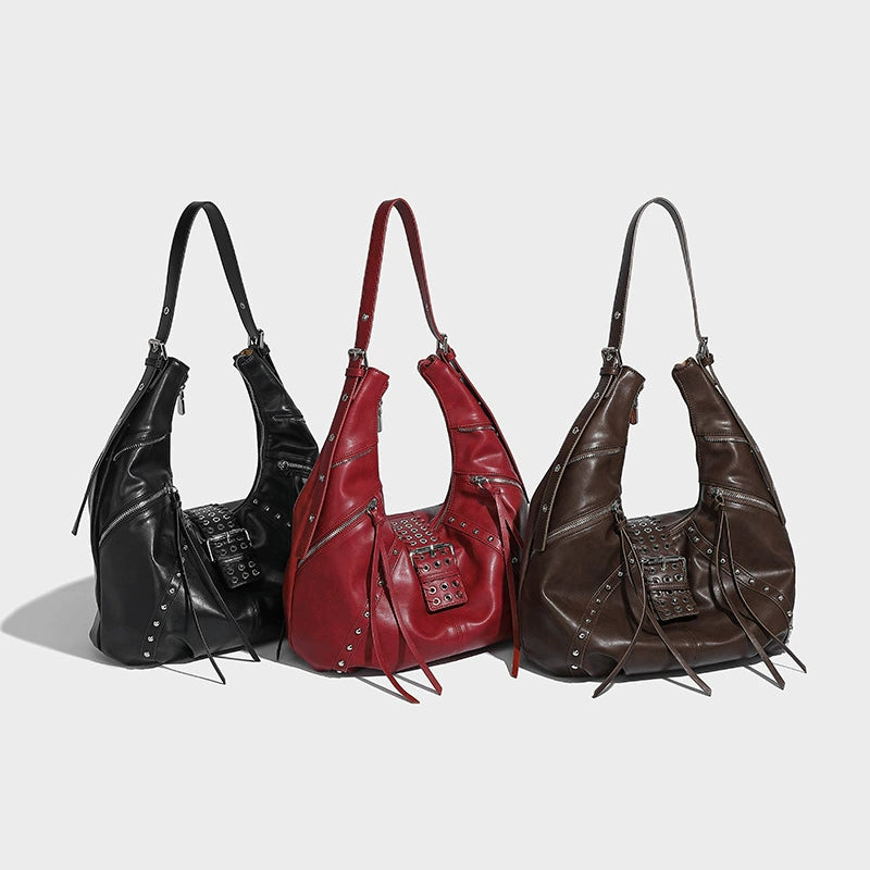 Beaira Niche retro spicy girl oil wax leather commuting handbag autumn and winter new fashion millennium style rivet shoulder croissant