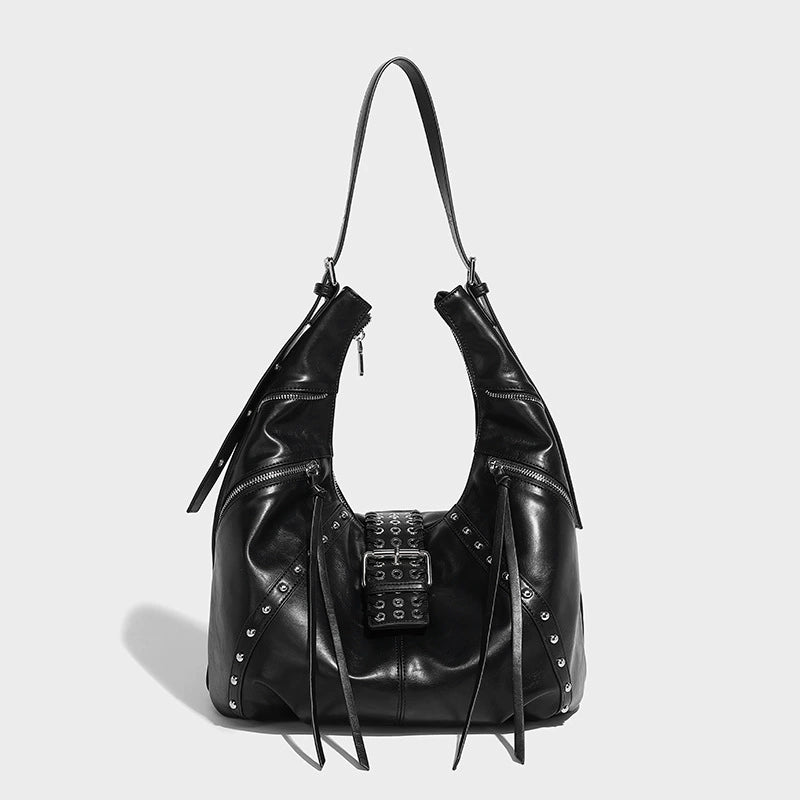 Beaira Niche retro spicy girl oil wax leather commuting handbag autumn and winter new fashion millennium style rivet shoulder croissant