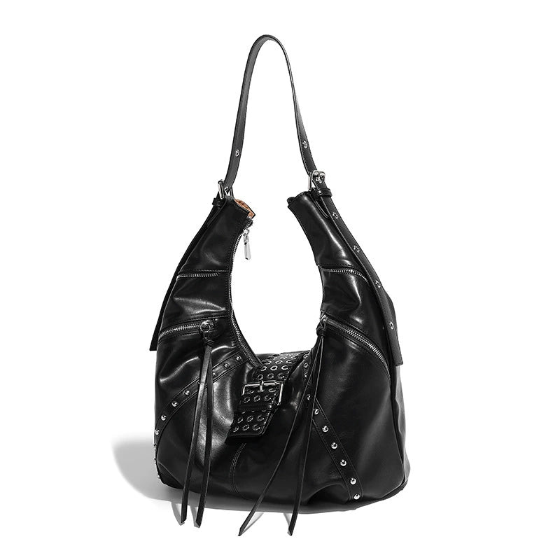 Beaira Niche retro spicy girl oil wax leather commuting handbag autumn and winter new fashion millennium style rivet shoulder croissant