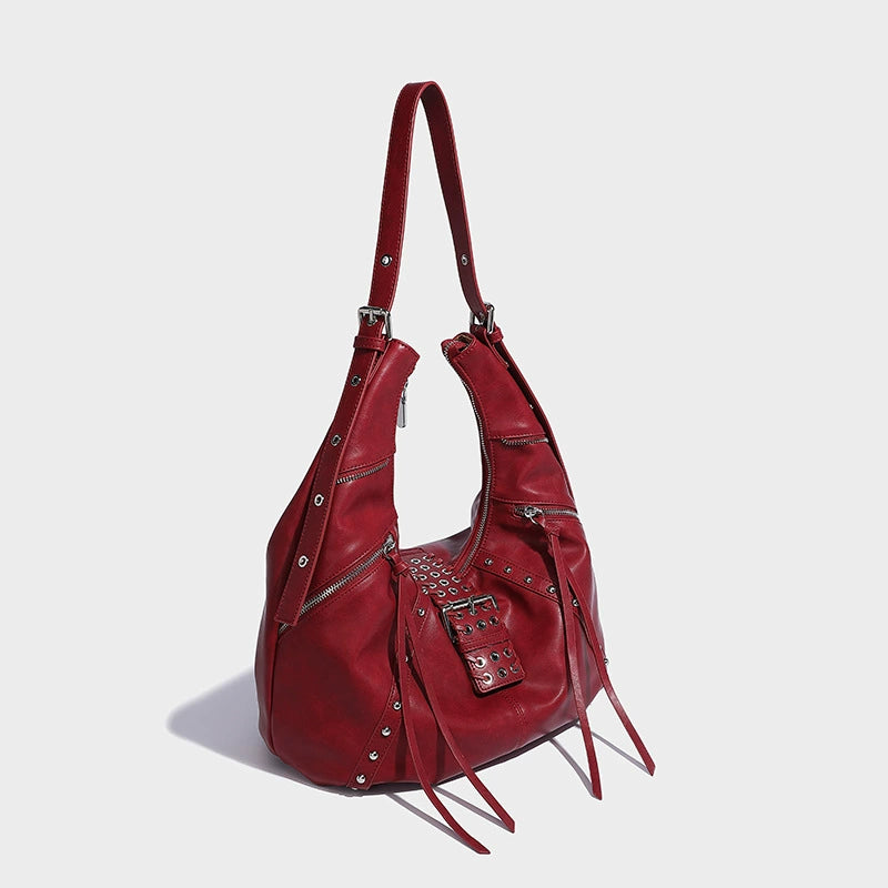 Beaira Niche retro spicy girl oil wax leather commuting handbag autumn and winter new fashion millennium style rivet shoulder croissant